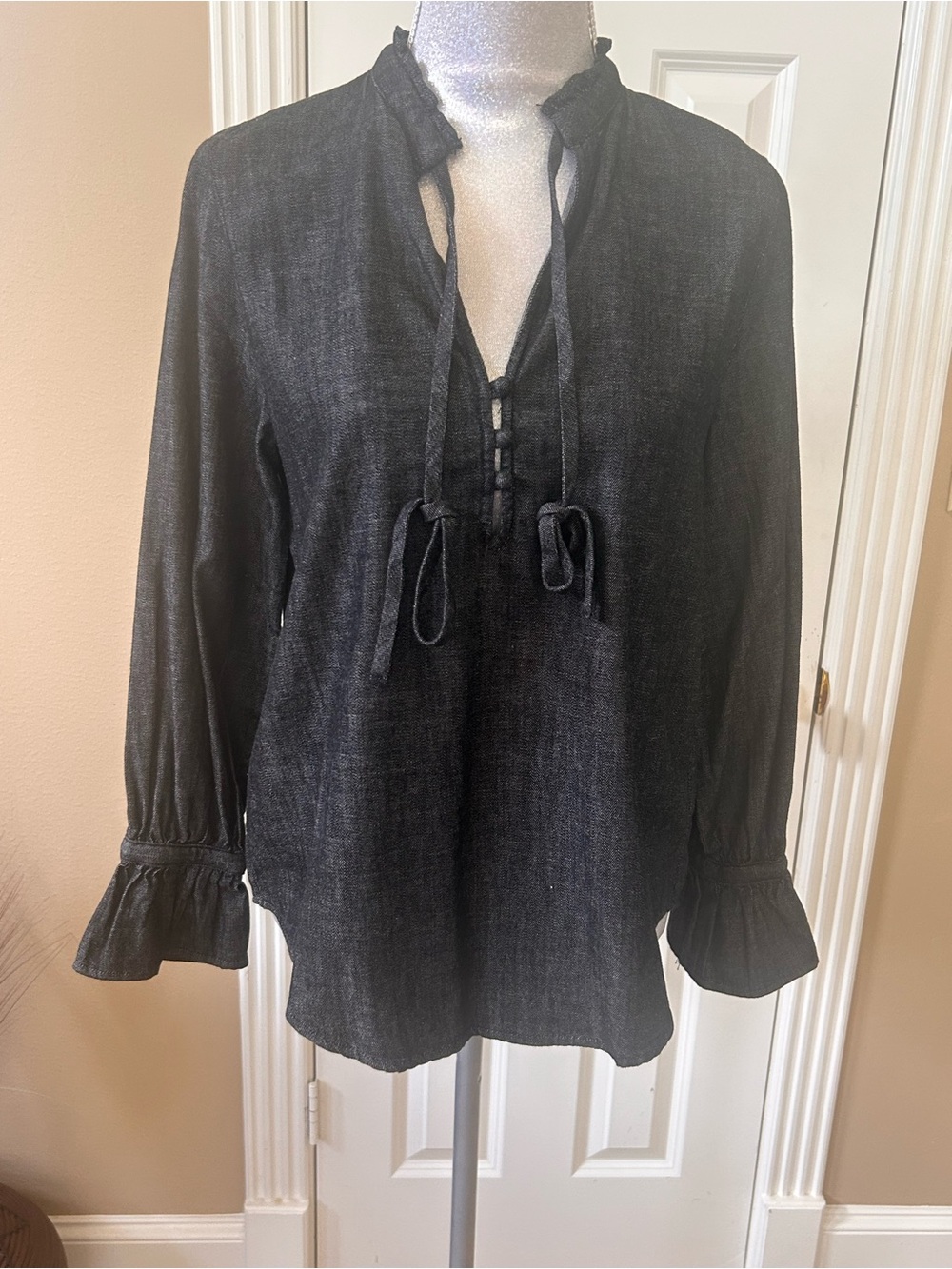 Womens AG Black Tie-Neck Peasant Blouse